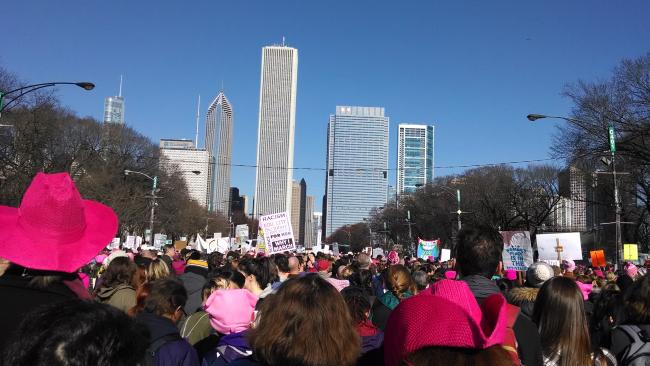 Crowd & skyline at Women's March on Chicago, 2017.