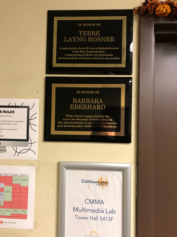 Terre Layng Rosner plaque outside the Mac Lab